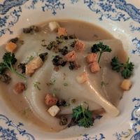 Ravioli with croutons, capers, and parsley at Faubourg Daimant in Paris
