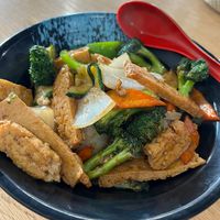 Teriyaki Tofu (no fish sauce), served with rice and veggies.   at Okasan Ramen in South Bend