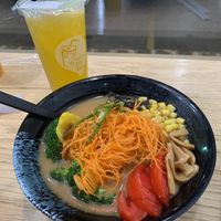Vegan miso ramen and passionfruit lemonade  at Okasan Ramen in South Bend