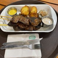 Large (3 skewers) Anticuchos with huanciana sauce and anticuchera sauce   at Oiga in Lima