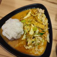 Rice with coconut milk curry, vegetables and fried tofu  at C&P Restaurace in Prague