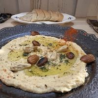 Homemade hummus and rice flour bread - both made from scratch in front of our eyes  at Mer in Tokyo