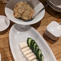 Potato salad and tofu with cucumber at Tofu Shokudou - 豆富食堂 in Tokyo