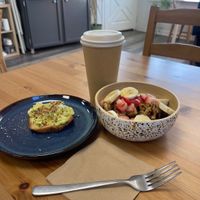 Gf/v Avo Toast & Protein Waffle Bites (both 1/2 orders) oatmilk latte😄 at Karma Cafe & Smoothie Bar in Waukesha