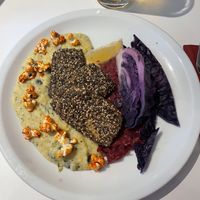 Geräucherter Tofu in Sesamkruste mit Polenta, Blaukraut, Rotkraut und Paprika Popcorn!  at Gasthaus Goldenen Adler in Hittisau