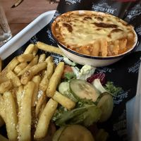 Loaded mac n cheese with bbq jackfruit and garlic friess  at Scotch & Rye in Inverness