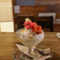 Sundae with fruits and edible flower at Ukishima Garden in Naha
