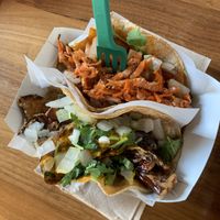 Tofu Jorim taco (top) and Japanese eggplant taco (bottom)  at La Chinita Poblana in Indianapolis