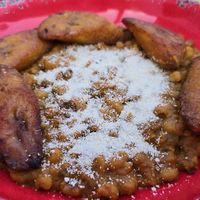Red Red & Plantains: "A flavorful Ghanaian favorite, Red-Red is a stew of black-eyed peas simmered with onions, ginger, garlic, and tomatoes" at Asempe Kitchen in Ithaca