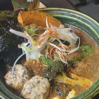 “Kai” Vegetable curry broth with tofu + tempura seaweed. Standard dashi with level 3 spice and “power balls” (tofu/mushroom meatballs) with rice  at NEWORDER in Osaka