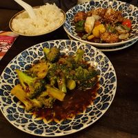 Chilli broccoli and fried Korean dish at Dim T - Victoria in South West London
