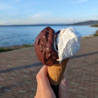 Vegan dark chocolate & vegan coconut ice cream at Gelateria Le Logge in Orbetello