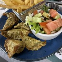Vegan Dumplings with chips and salad  at The Frantic Chef  in Liscannor