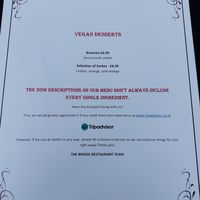 Vegan menu July 2023 at The Bridge Restaurant in Pitlochry