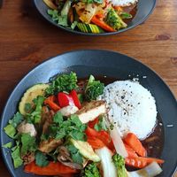 Tofu and seitan with rice, veggies and teriyaki sauce at Sanhok Wok&Grill in Berlin