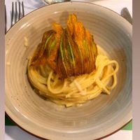 Cacio e pepe con lime e fiori di zucca croccanti   at La Puntarella Pazza in Rome