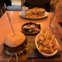 Spiced lentil burger, and Mediterranean veg pie  at Brecon Tap in Brecon