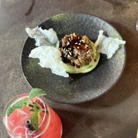 Miso aubergine on broad bean pestoo  at FUMI in Brighton