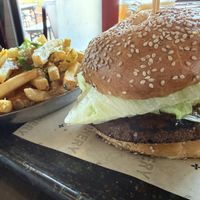 Impossible burger & garlic fries   at Joinery - Beer Hall in Sausalito