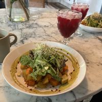 Melon / beet juice ; green salad with cashew tahini dressing, roasted potatoes / taro   at La Botanica Hotel in San Juan