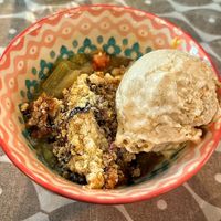 Rhubarb crumble with ice cream at The Village Bistro in Edinburgh