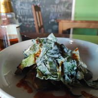 Mushrooms with tahini sauce at La Hoja Verde in Tulum