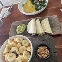 Fruit bowl, mushroom tacos, vegan omelette   at La Hoja Verde in Tulum