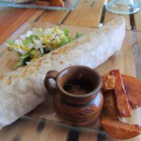 Vegan burritos with AMAZINGLY good fries!!! at La Hoja Verde in Tulum