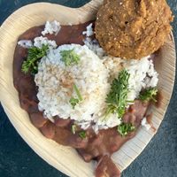Red beans and rice with corn bread  at The Creole Vegan - Pop-up in Denver