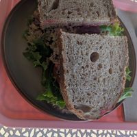 Chickpea tuna sandwich, with beetroot, lettuce and tomato at Yaygit in Seattle