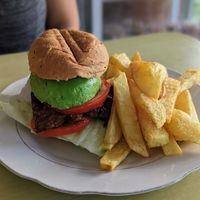 Burger with fries ($3) at Restaurante Vegetariano Zuvar in Puyo