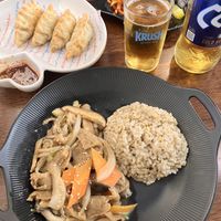 Bulgogi, fried dumplings, Korean beer  at Vegan Kitchen - 비건 키친 in Seoul