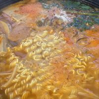 Budaejjigae (army soup) with vegan sausages, ham, tofu, and vegetable. Very clean  at Vegan Kitchen - 비건 키친 in Seoul