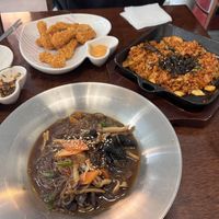 Normal chicken, kim chi fried rice, japchae  at Vegan Kitchen - 비건 키친 in Seoul