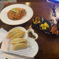 The whole meal (minus one dumpling), with complementary pickles. Enough for leftovers and at a good price point!  at Vegan Kitchen - 비건 키친 in Seoul