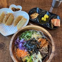 Bibimbap and dumplings  at Vegan Kitchen - 비건 키친 in Seoul