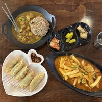Rice with Curry (top left), Fried Dumplings (bottom left), Tteokbokki (bottom right)  at Vegan Kitchen - 비건 키친 in Seoul