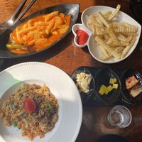 tteokbokki, fries and beef fried rice   at Vegan Kitchen - 비건 키친 in Seoul