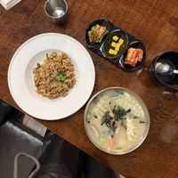 beef fried rice & dumpling/ricecake soup  at Vegan Kitchen - 비건 키친 in Seoul