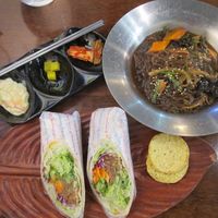 Japchae and stuffed wraps at Vegan Kitchen at Vegan Kitchen - 비건 키친 in Seoul
