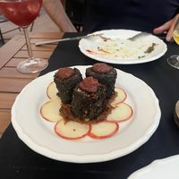 Fake blood sausage with apple slices at L'Espai in Tossa De Mar