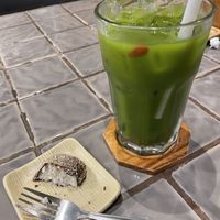 vegan cookie dough bite (coconut) and iced matcha goji berry tea   at Samui Health Shop by Lamphu in Koh Samui