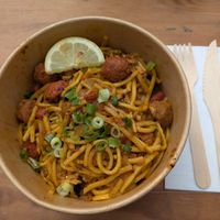 Vegan noodle dish with soy protein at Ayubowan Street Food - Sheffield in Sheffield