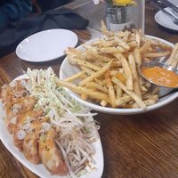 Veggie Gyoza and Furikake Fries with Vegan Gochujang Aioli at Momona in Chico