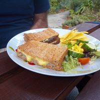 Vegan cheese and sausage toastie at Rylstone Tea Gardens in Shanklin