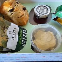 Fruit scones, jam, vegan clotted cream, vegan spread, chocolates and coffee bags (or tea if you prefer). at Rylstone Tea Gardens in Shanklin