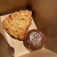 Garlic and sundried tomatoes scone and chocolate donut   at Twelvemonth Bakehouse in Burlingame