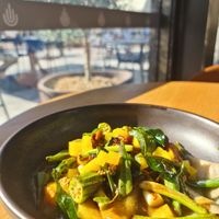 Housemade Indonesian style noodles with okra at Thyme at Alba Springs in Fingal
