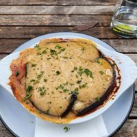 Moussaka: Bean and quinoa ragu, with thyme, tomato, garlic, roasted eggplant and bechamel sauce at Ory's Falls Creek in Falls Creek