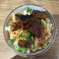 Mac N cheese with bbq ribz and spring onions  at The Pie Box Cafe in Cardiff